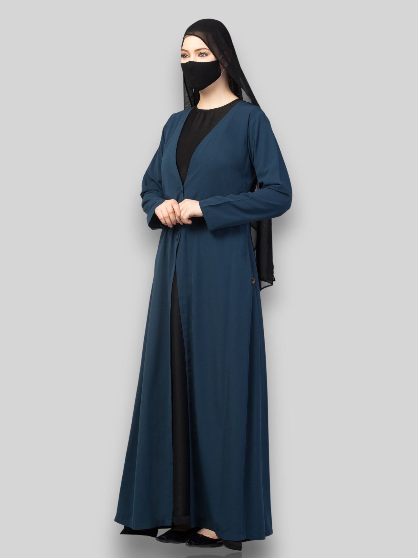 Modern Abayas Online – Dark Teal Open Abaya Coat Set with Inner & Hijab