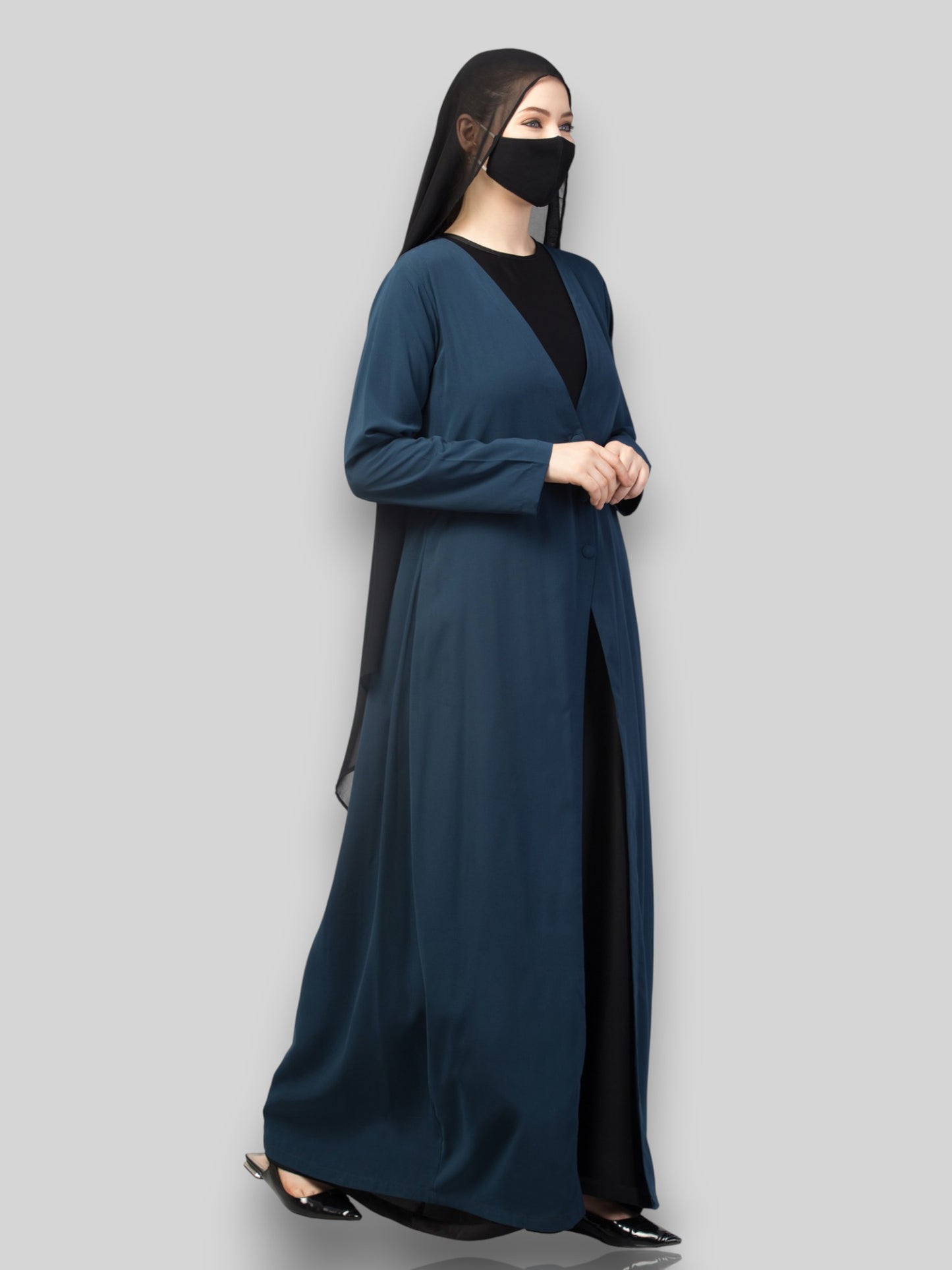 Modern Abayas Online – Dark Teal Open Abaya Coat Set with Inner & Hijab