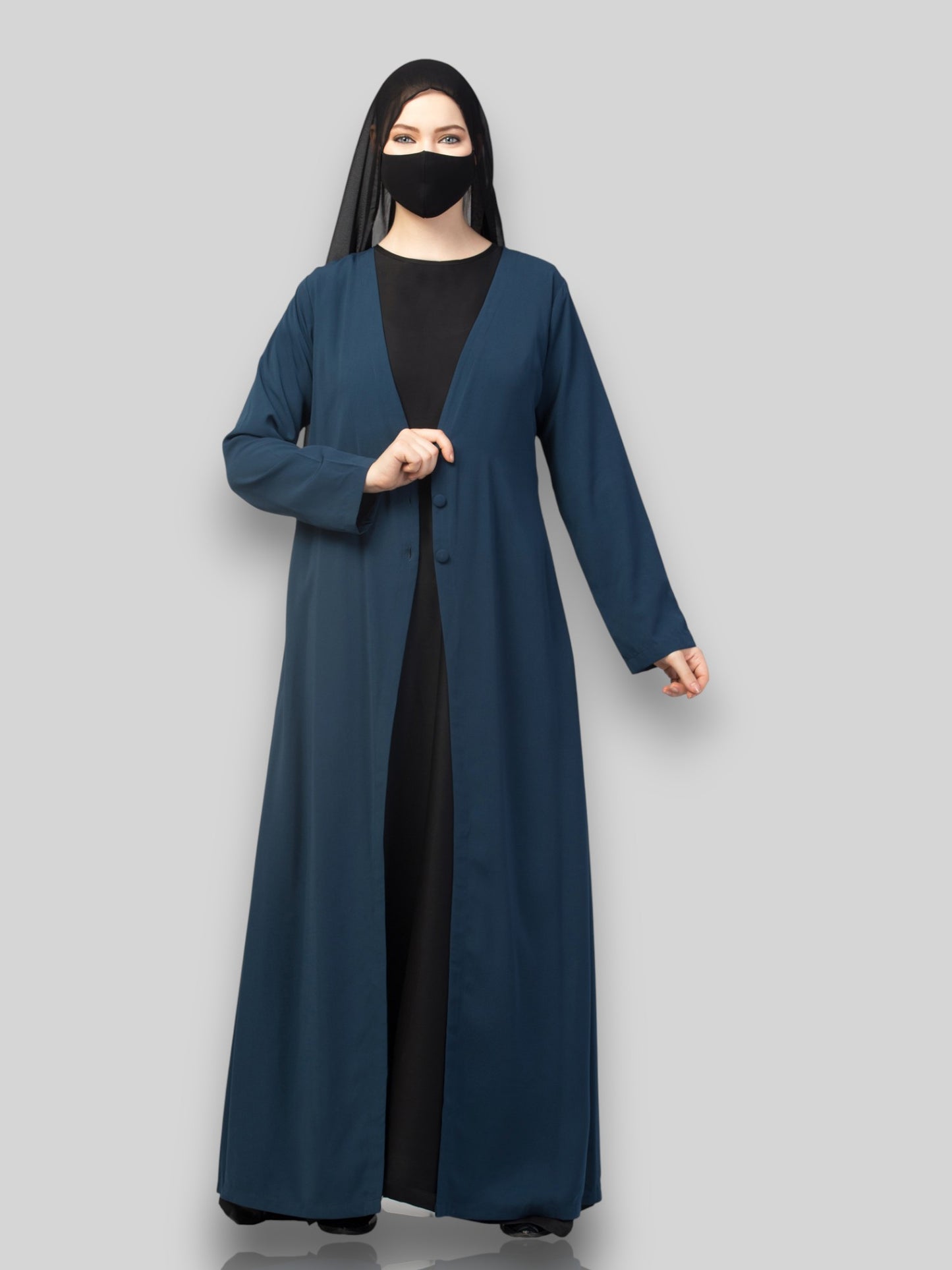 Modern Abayas Online – Dark Teal Open Abaya Coat Set with Inner & Hijab