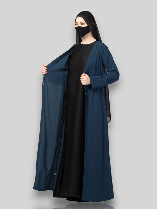 Modern Abayas Online – Dark Teal Open Abaya Coat Set with Inner & Hijab