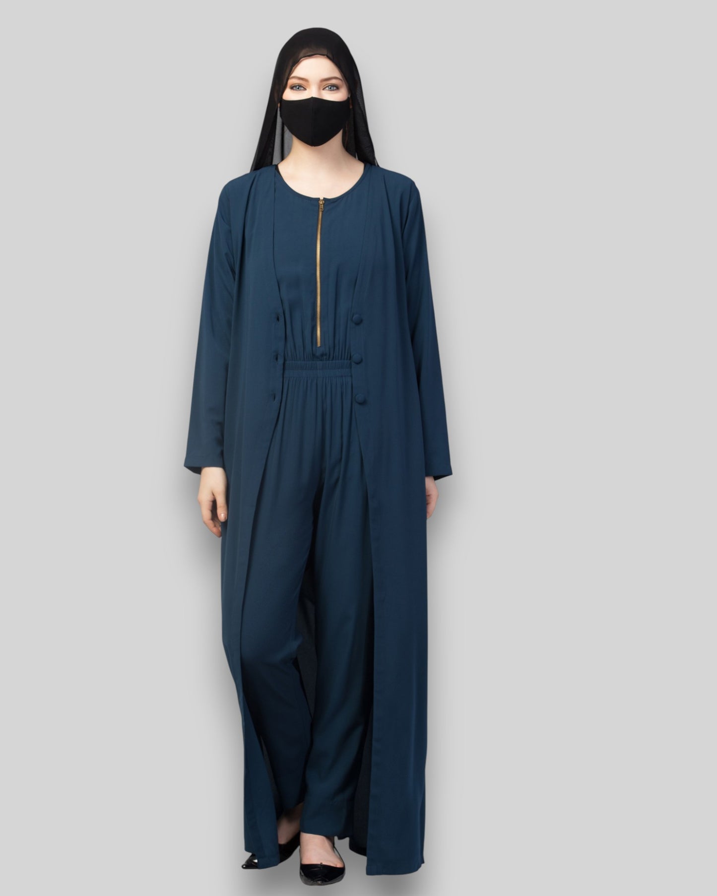 Jumpsuit Abaya – Teal Kashibo Set with Front-Open Coat & Hijab