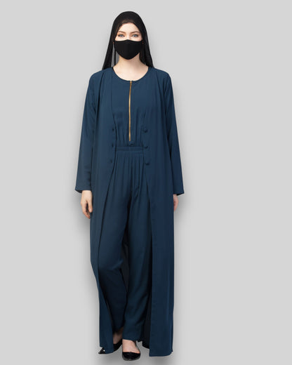 Jumpsuit Abaya – Teal Kashibo Set with Front-Open Coat & Hijab