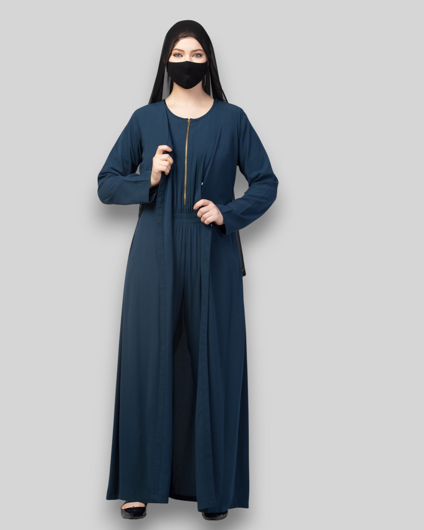 Jumpsuit Abaya – Teal Kashibo Set with Front-Open Coat & Hijab