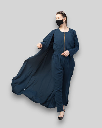 Jumpsuit Abaya – Teal Kashibo Set with Front-Open Coat & Hijab