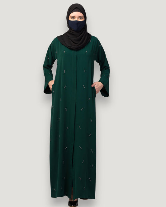 Bottle Green Front Open Abaya with Handwork – Premium Praada Fabric