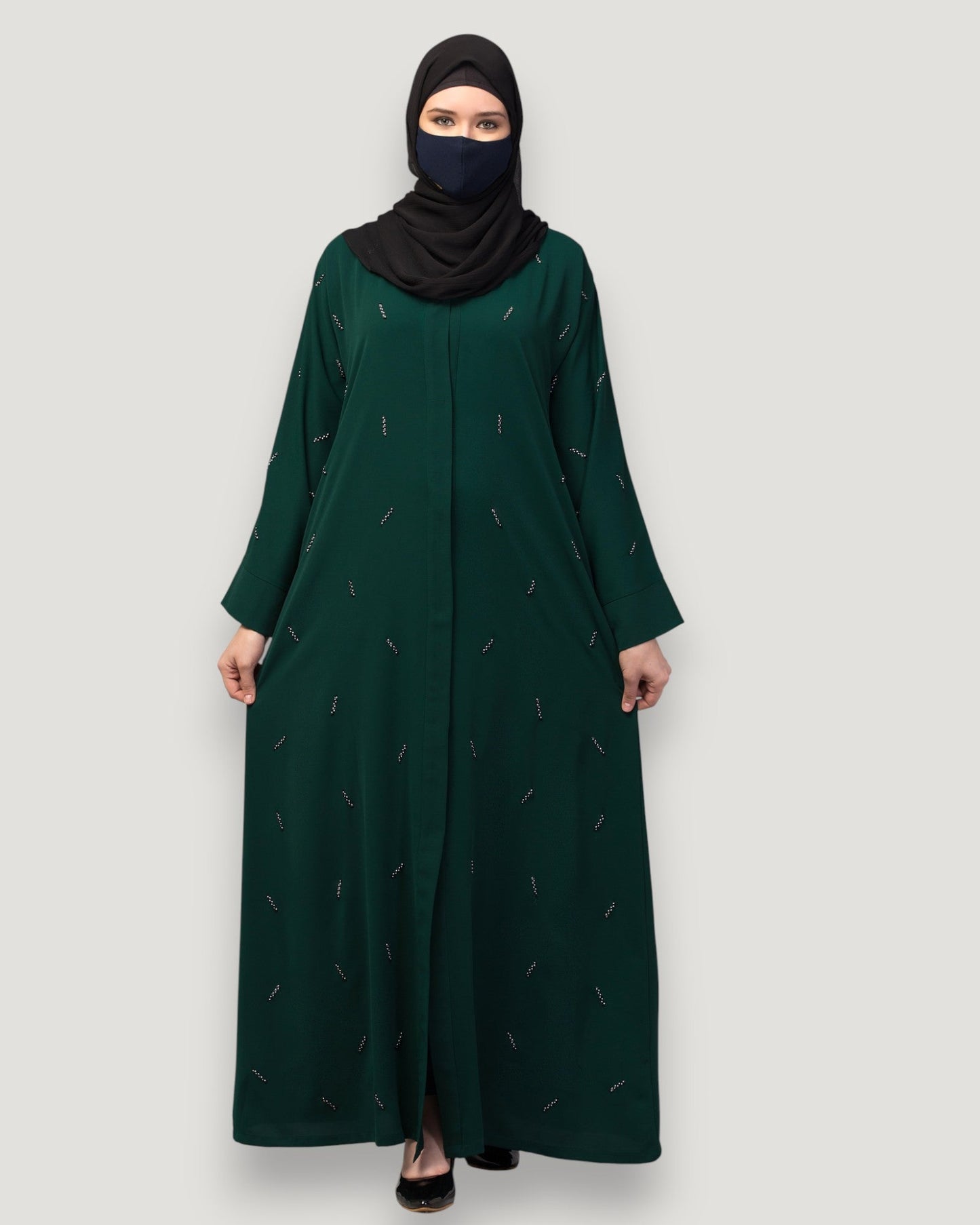 Navy Blue Front Open Abaya with Handwork – Premium Praada Fabric