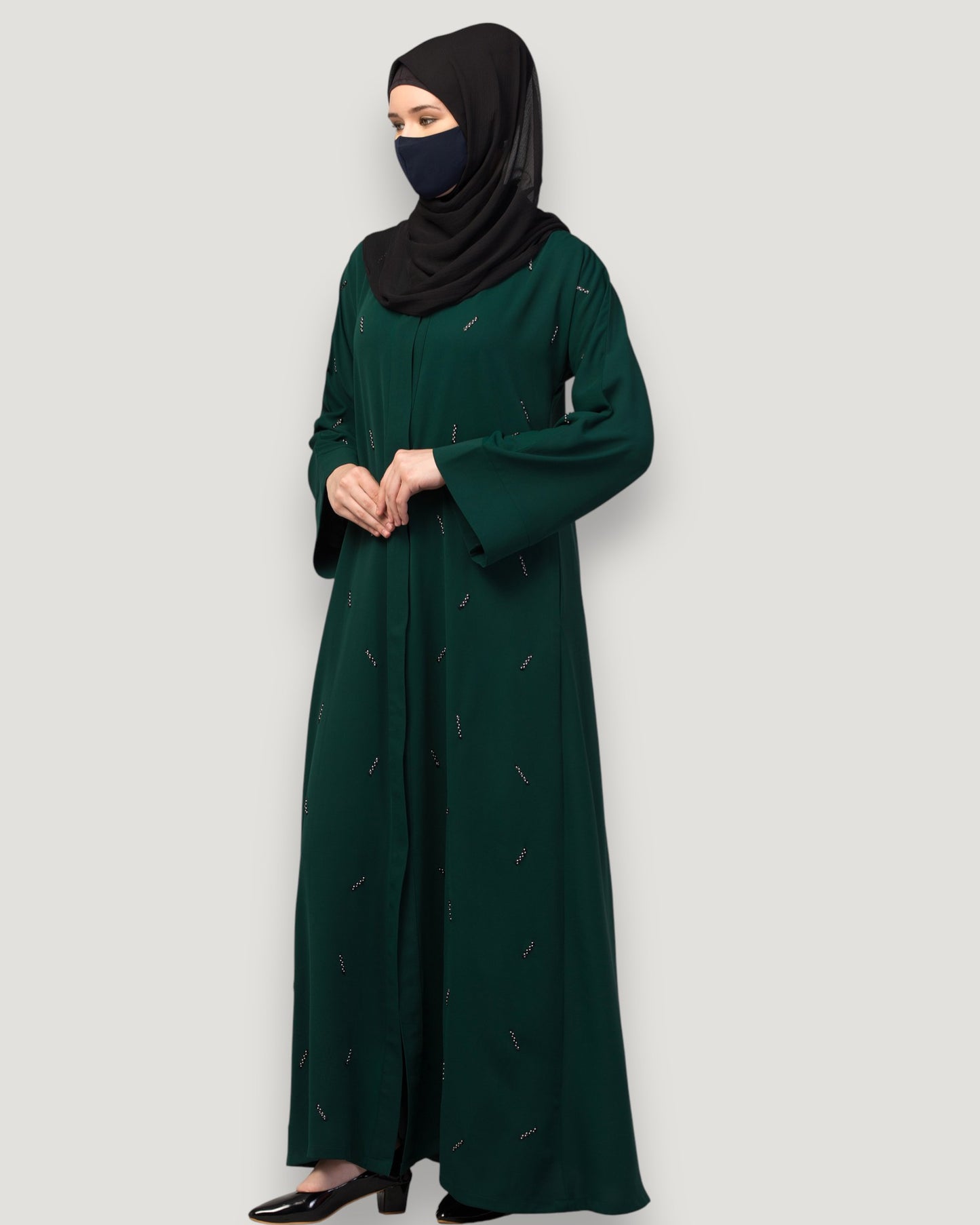 Bottle Green Front Open Abaya with Handwork – Premium Praada Fabric