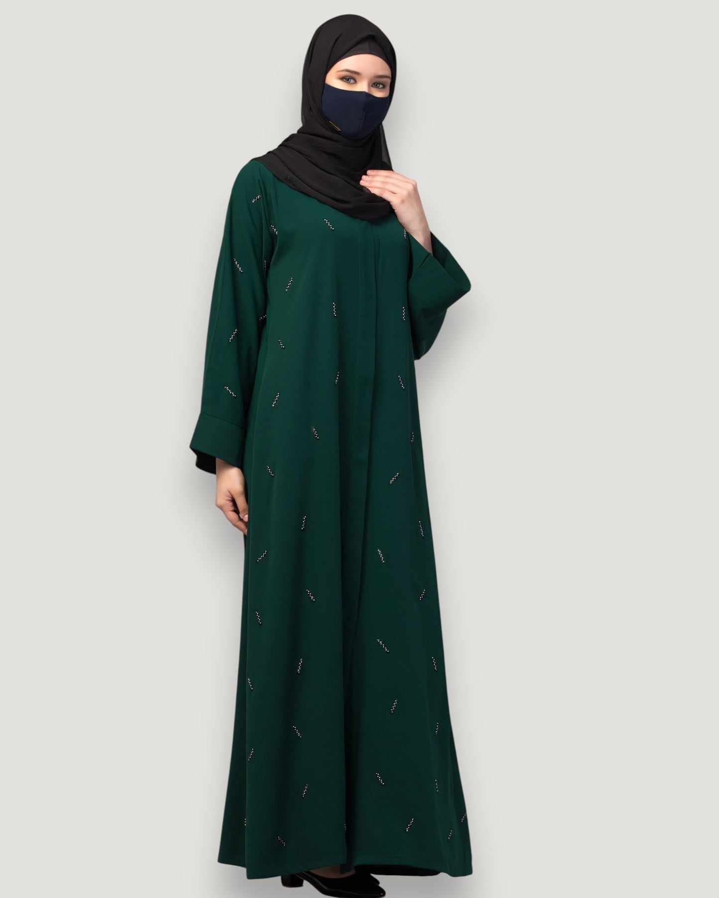 Bottle Green Front Open Abaya with Handwork – Premium Praada Fabric