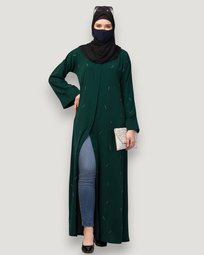 Navy Blue Front Open Abaya with Handwork – Premium Praada Fabric