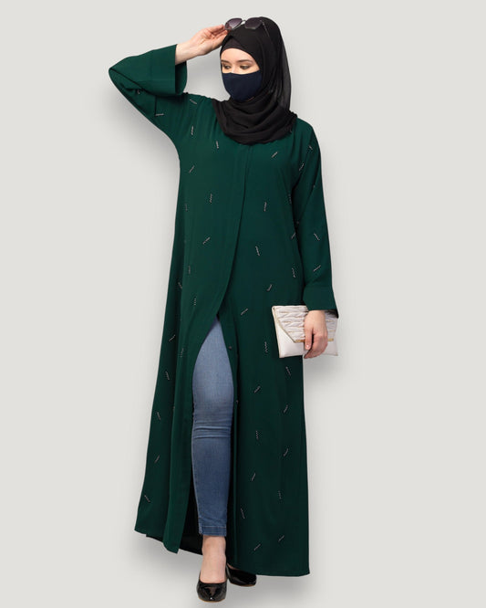 Navy Blue Front Open Abaya with Handwork – Premium Praada Fabric