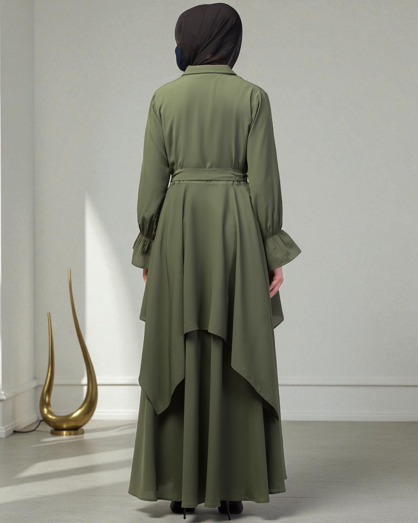 Modest Co-ord Set: Asymmetrical Pattern Top with Collar and Elasticated Bell Sleeves, Flared Skir