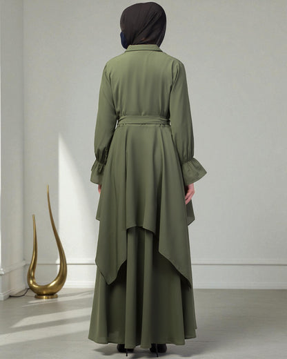 Modest Co-ord Set: Asymmetrical Pattern Top with Collar and Elasticated Bell Sleeves, Flared Skir