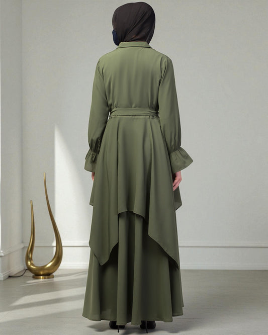Modest Co-ord Set: Asymmetrical Pattern Top with Collar and Elasticated Bell Sleeves, Flared Skir