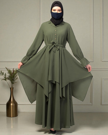 Modest Co-ord Set: Asymmetrical Pattern Top with Collar and Elasticated Bell Sleeves, Flared Skir