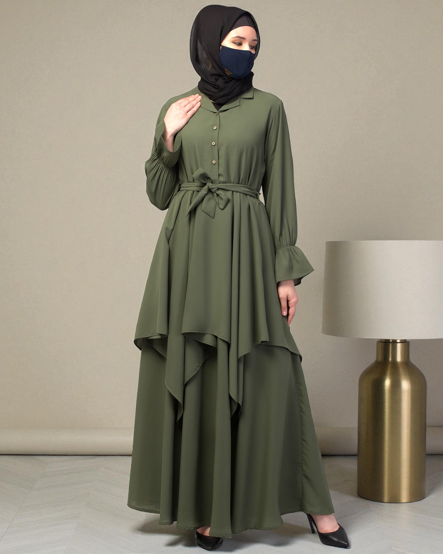 Modest Co-ord Set: Asymmetrical Pattern Top with Collar and Elasticated Bell Sleeves, Flared Skir