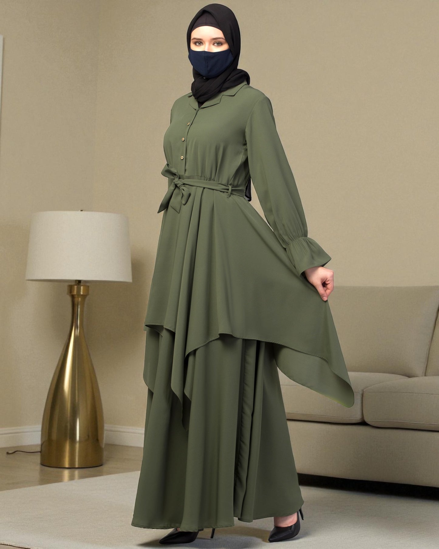 Modest Co-ord Set: Asymmetrical Pattern Top with Collar and Elasticated Bell Sleeves, Flared Skir