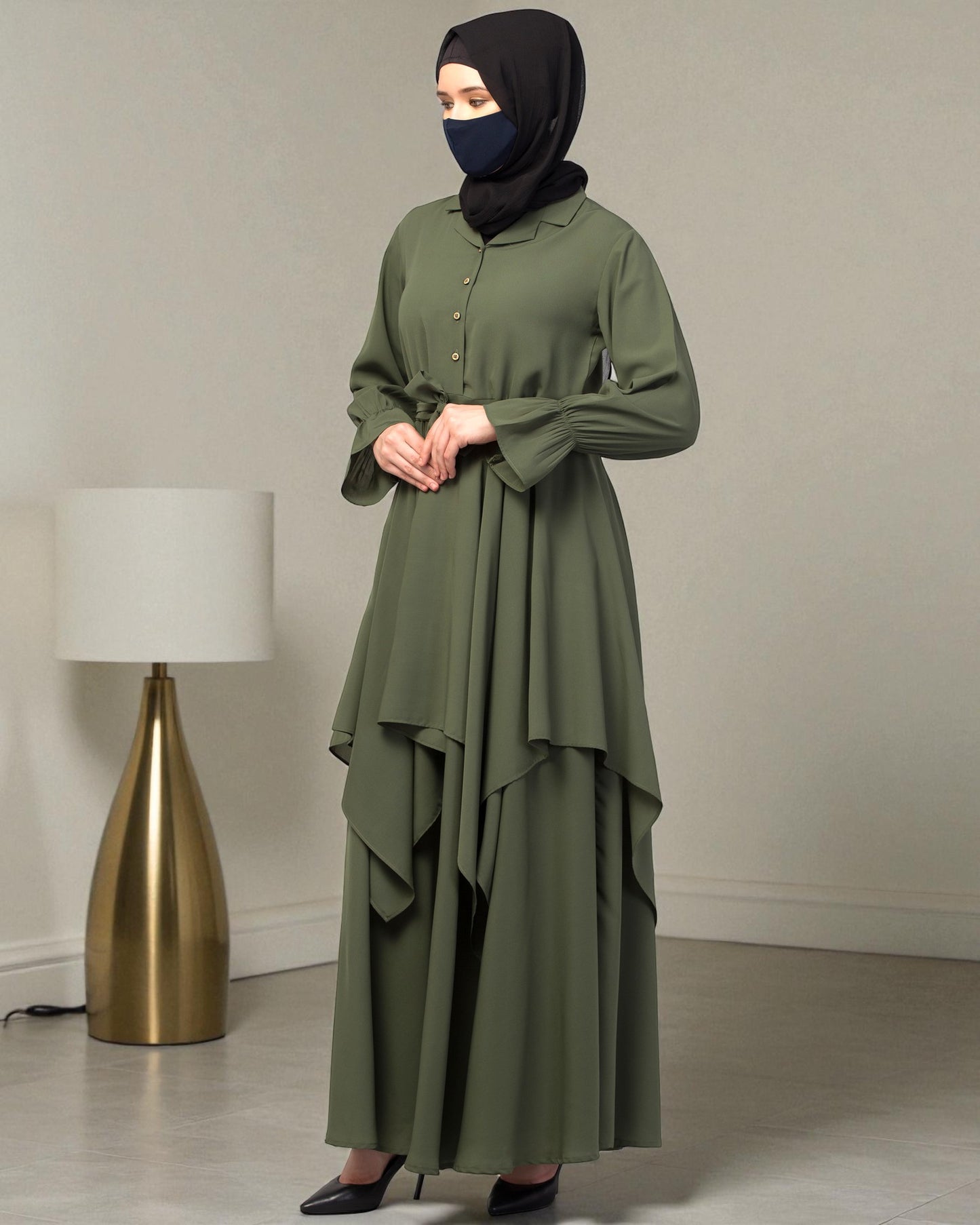 Modest Co-ord Set: Asymmetrical Pattern Top with Collar and Elasticated Bell Sleeves, Flared Skir