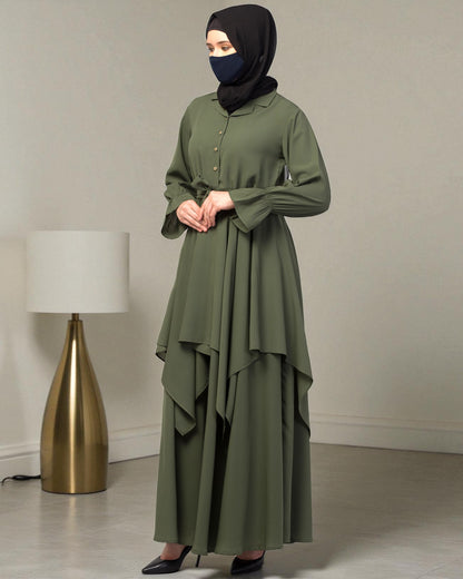 Modest Co-ord Set: Asymmetrical Pattern Top with Collar and Elasticated Bell Sleeves, Flared Skir