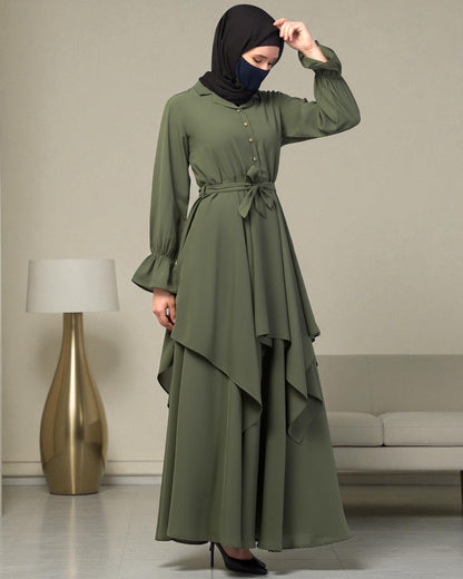 Modest Co-ord Set: Asymmetrical Pattern Top with Collar and Elasticated Bell Sleeves, Flared Skir