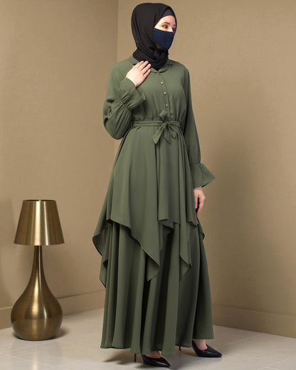 Modest Co-ord Set: Asymmetrical Pattern Top with Collar and Elasticated Bell Sleeves, Flared Skir