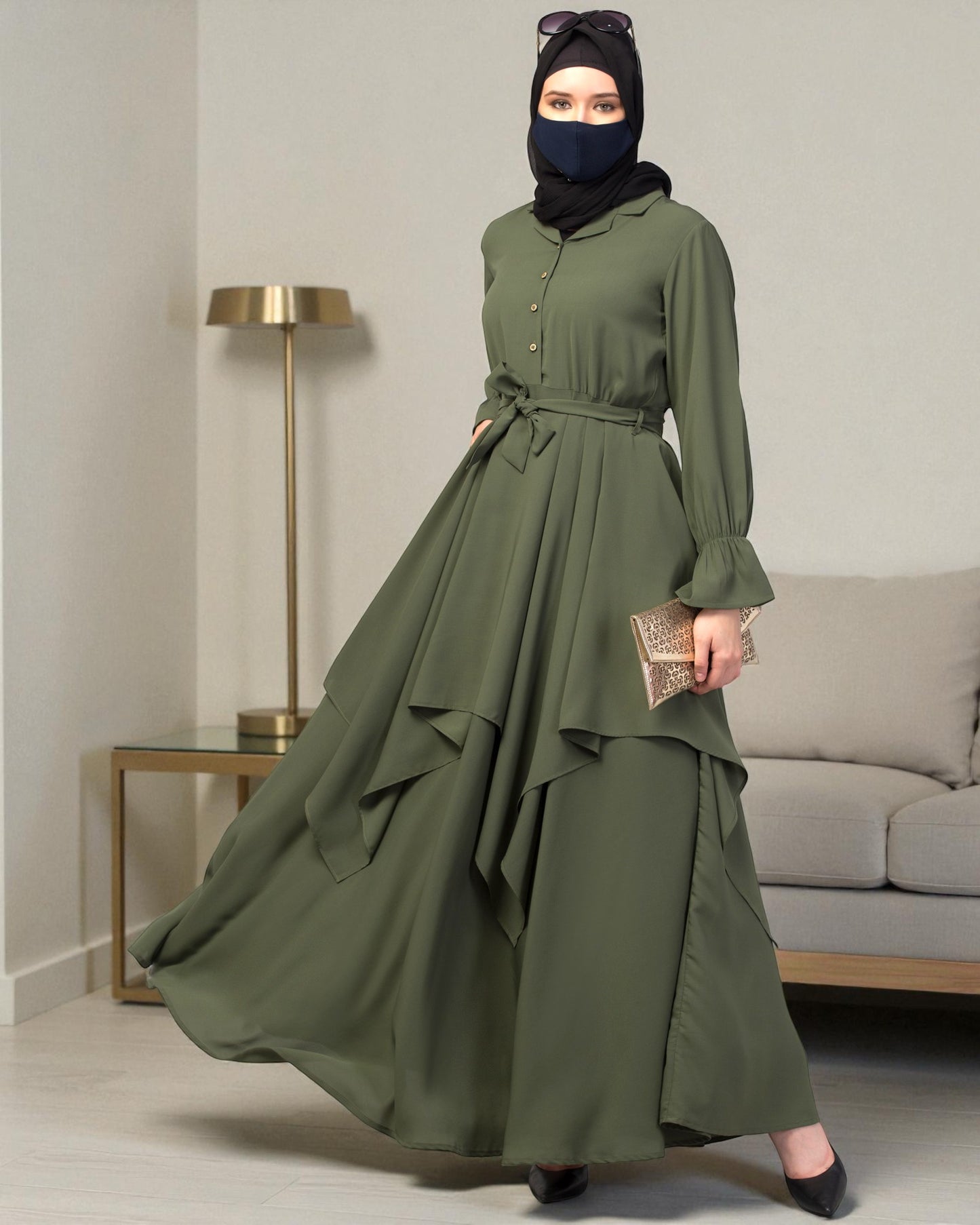 Modest Co-ord Set: Asymmetrical Pattern Top with Collar and Elasticated Bell Sleeves, Flared Skir