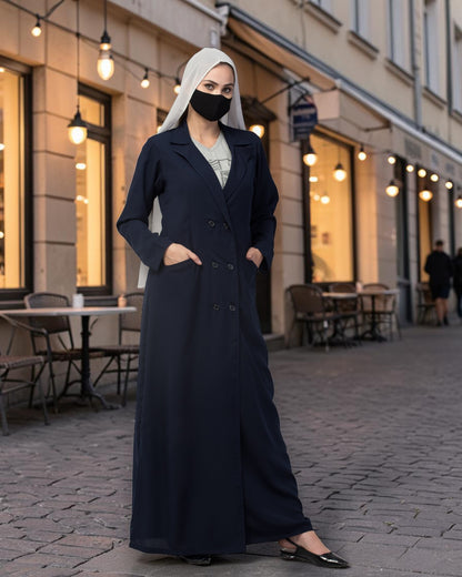 Double-Breasted Coat Abaya for Work with Free Hijab | Optional Inner | Navy Blue