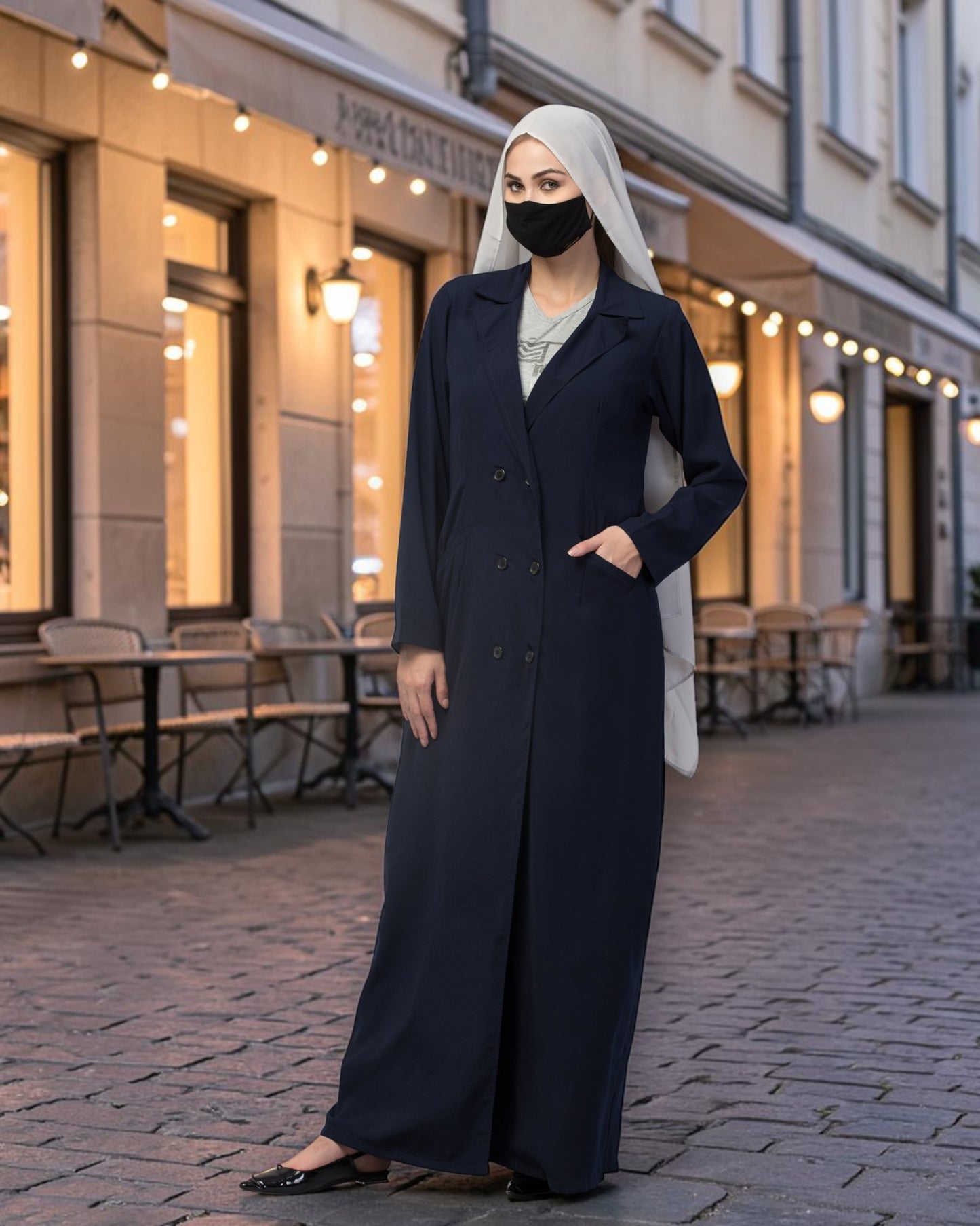 Double-Breasted Coat Abaya for Work with Free Hijab | Optional Inner | Navy Blue