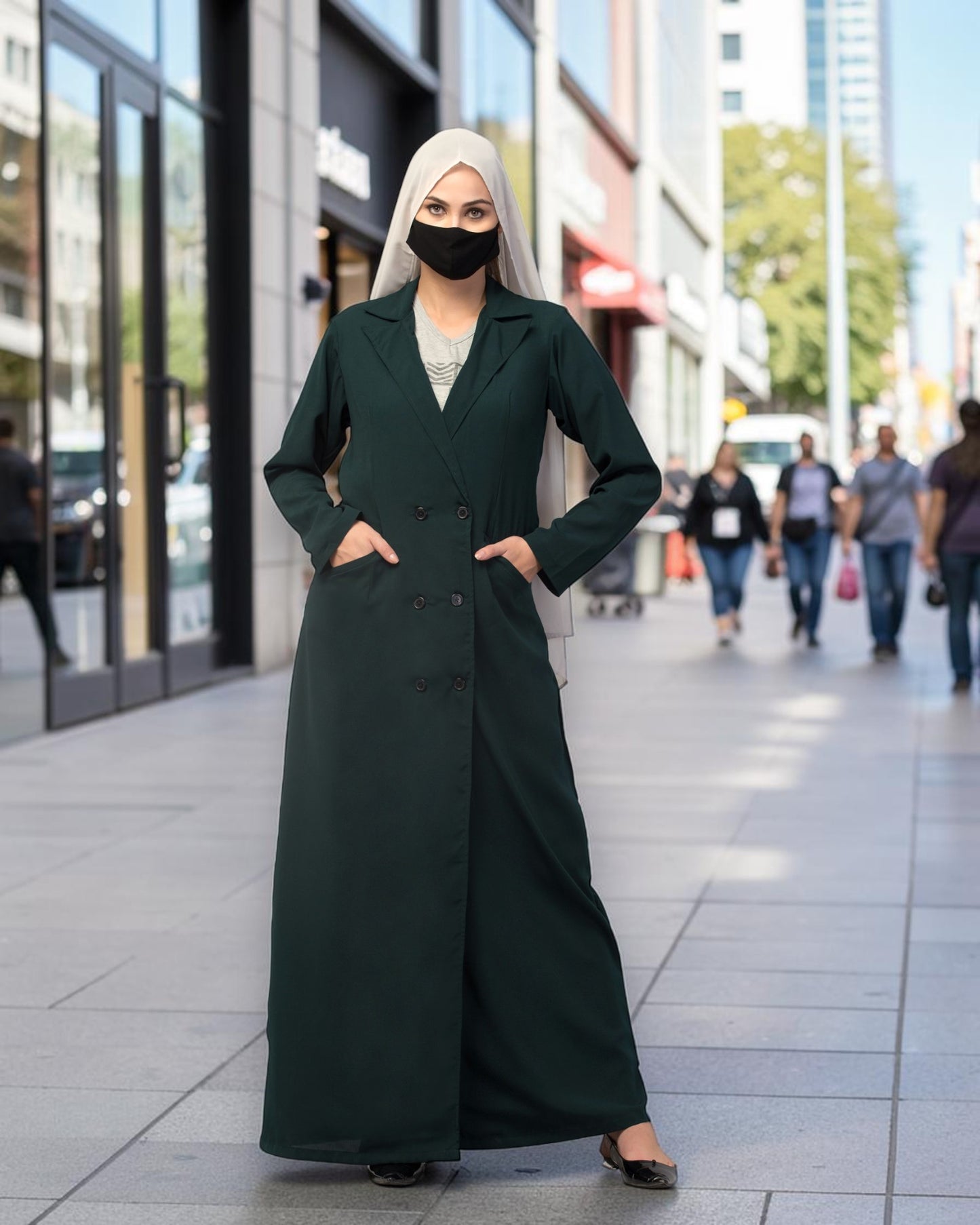 Double-Breasted Coat Abaya for Work with Free Hijab | Optional Inner | Dark  Green