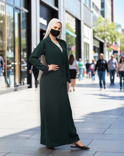 Double-Breasted Coat Abaya for Work with Free Hijab | Optional Inner | Dark  Green