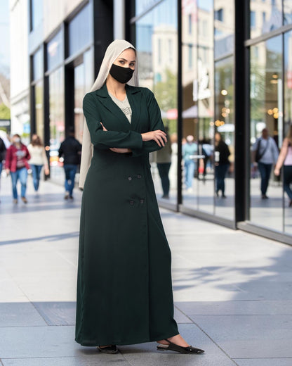 Double-Breasted Coat Abaya for Work with Free Hijab | Optional Inner | Dark  Green