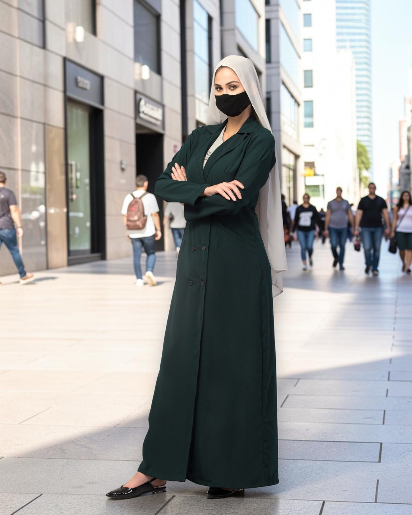 Double-Breasted Coat Abaya for Work with Free Hijab | Optional Inner | Dark  Green