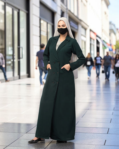 Double-Breasted Coat Abaya for Work with Free Hijab | Optional Inner | Dark  Green
