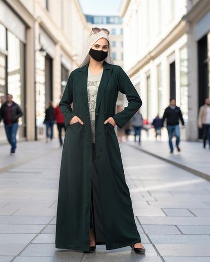 Double-Breasted Coat Abaya for Work with Free Hijab | Optional Inner | Dark  Green