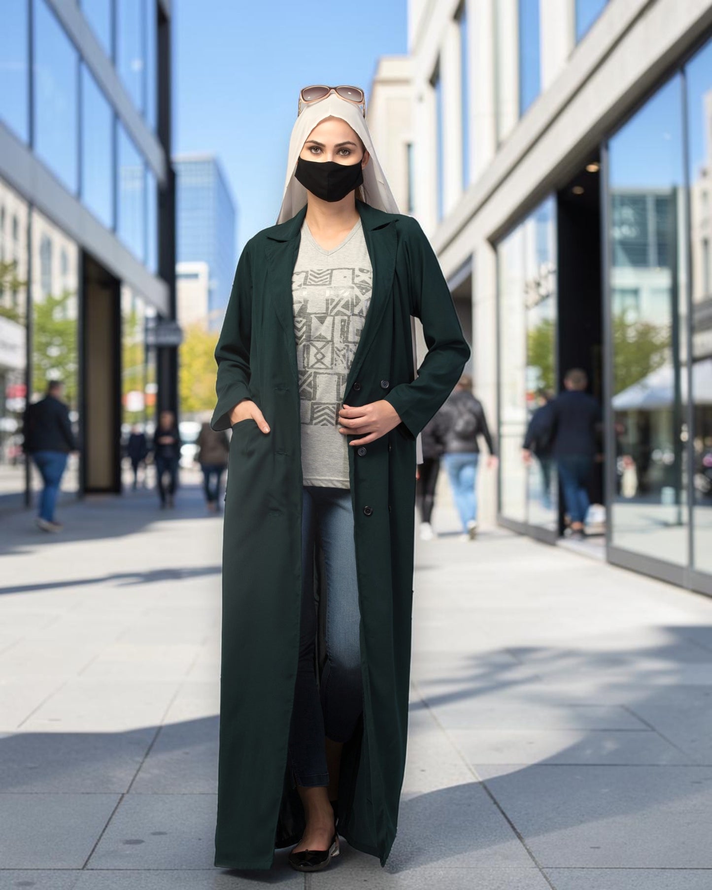 Double-Breasted Coat Abaya for Work with Free Hijab | Optional Inner | Dark  Green