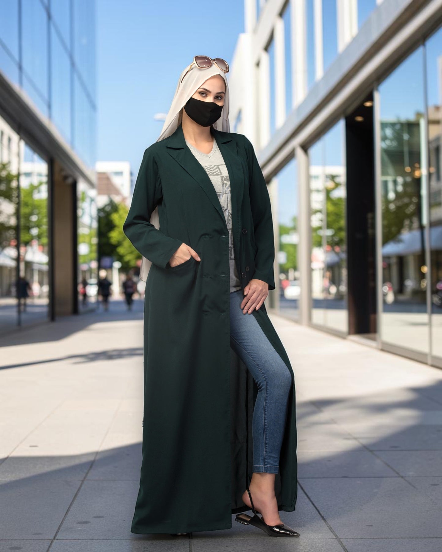 Double-Breasted Coat Abaya for Work with Free Hijab | Optional Inner | Dark  Green