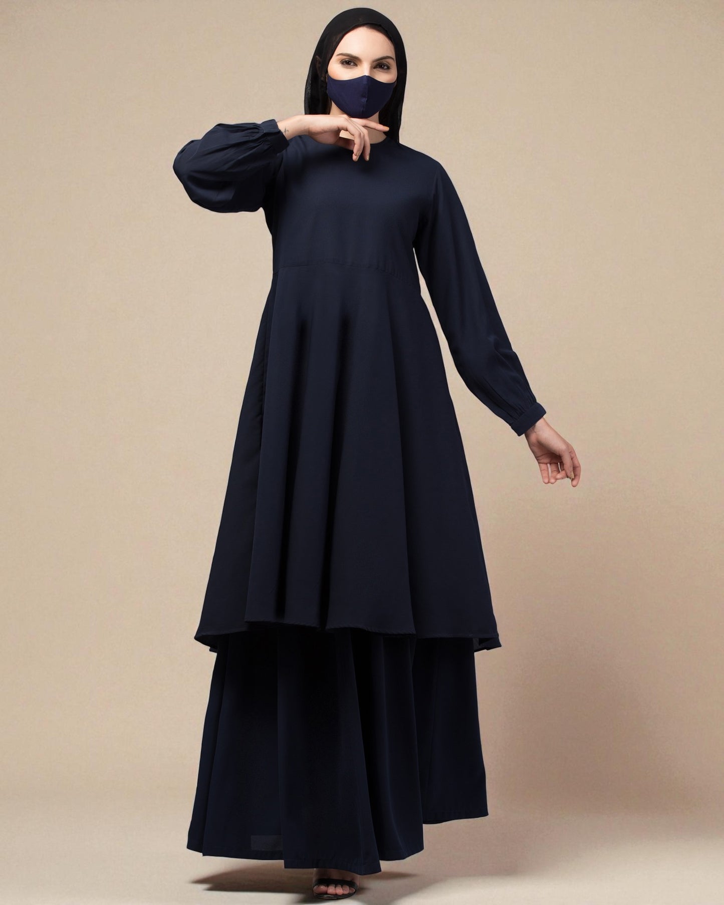 Modest Co-ord Set: Loose-Fit Long Top with Elasticated Sleeves and Flared Skirt.