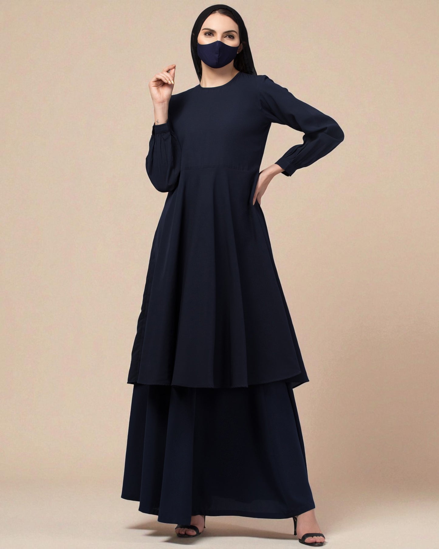 Modest Co-ord Set: Loose-Fit Long Top with Elasticated Sleeves and Flared Skirt.