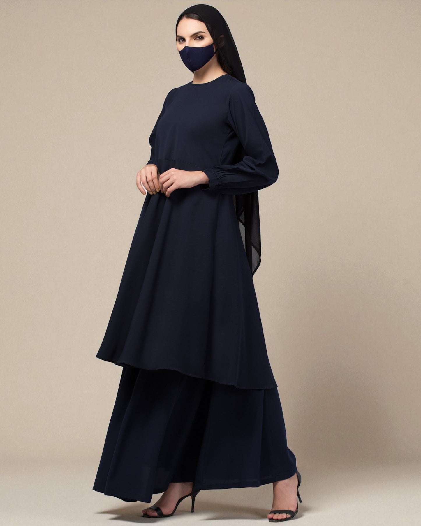 Modest Co-ord Set: Loose-Fit Long Top with Elasticated Sleeves and Flared Skirt.