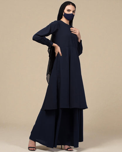 Modest Co-ord Set: Loose-Fit Long Top with Elasticated Sleeves and Flared Skirt.