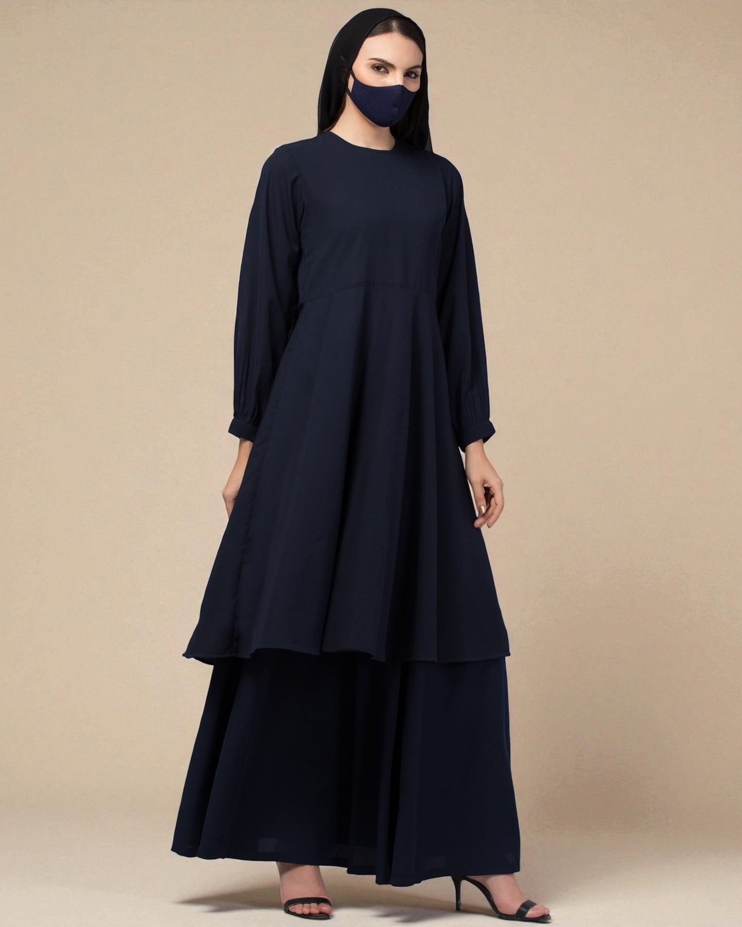 Modest Co-ord Set: Loose-Fit Long Top with Elasticated Sleeves and Flared Skirt.
