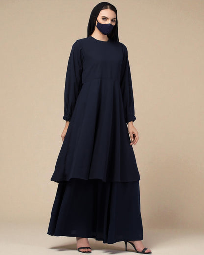 Modest Co-ord Set: Loose-Fit Long Top with Elasticated Sleeves and Flared Skirt.