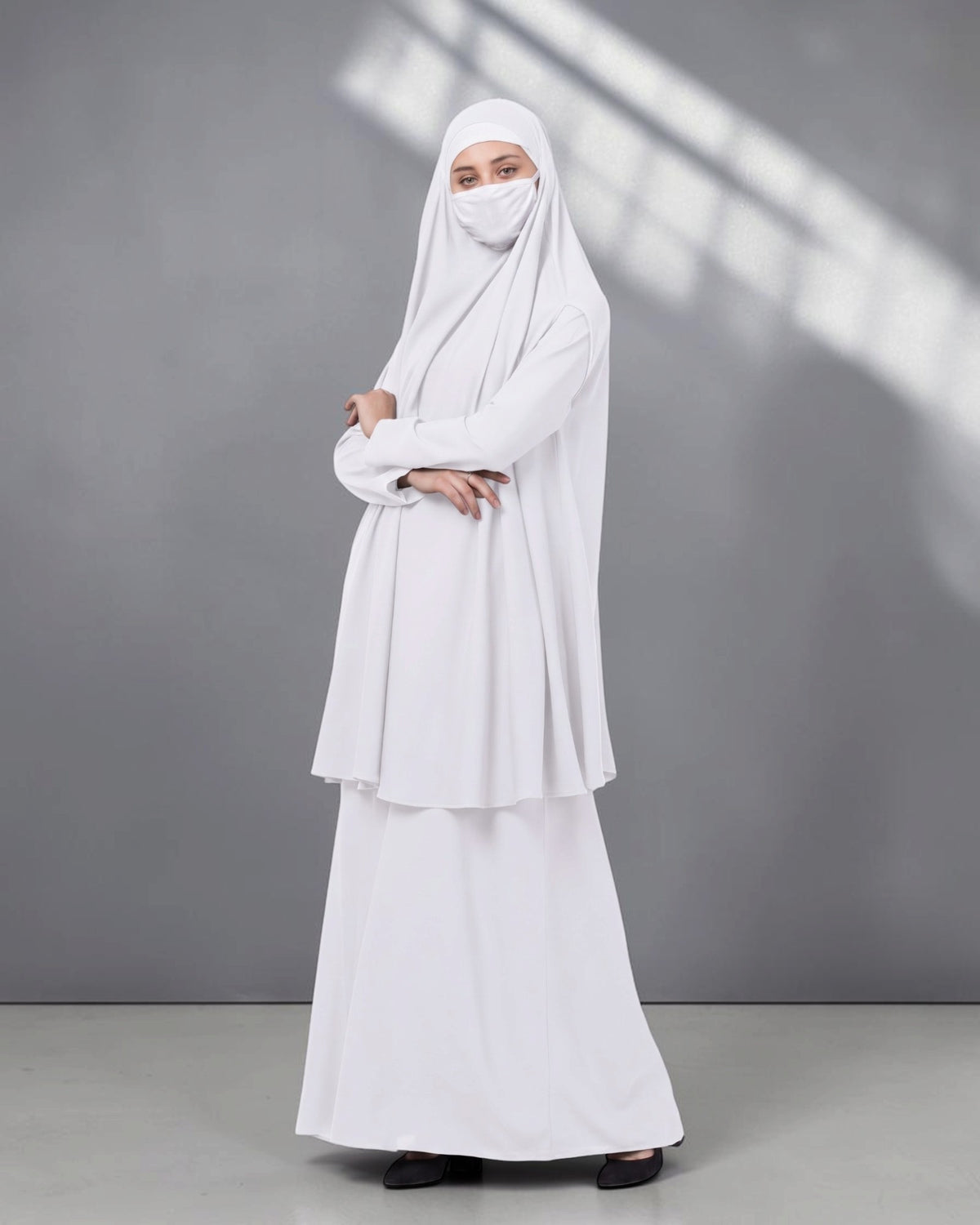 White Jilbab Duo with Convertible Sleeved Khimar For Haj Or Umrah
