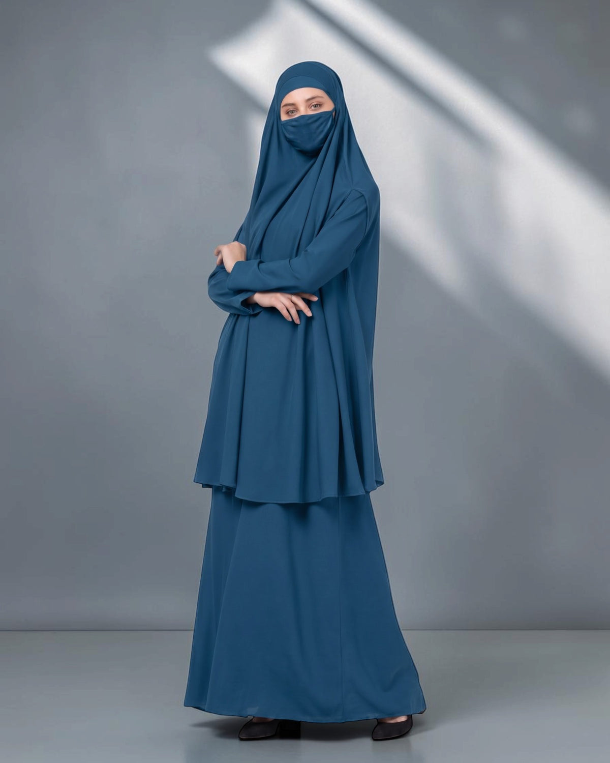 Two-Piece Jilbab Set with Sleeved Khimar & A-Line Abaya