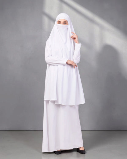 White Jilbab Duo with Convertible Sleeved Khimar For Haj Or Umrah
