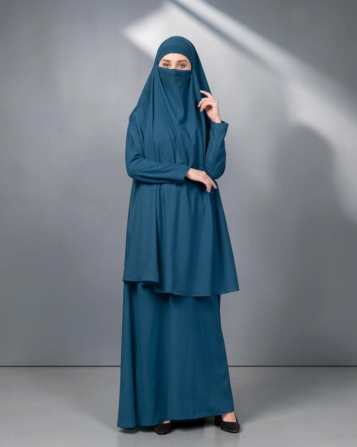 Two-Piece Jilbab Set with Sleeved Khimar & A-Line Abaya
