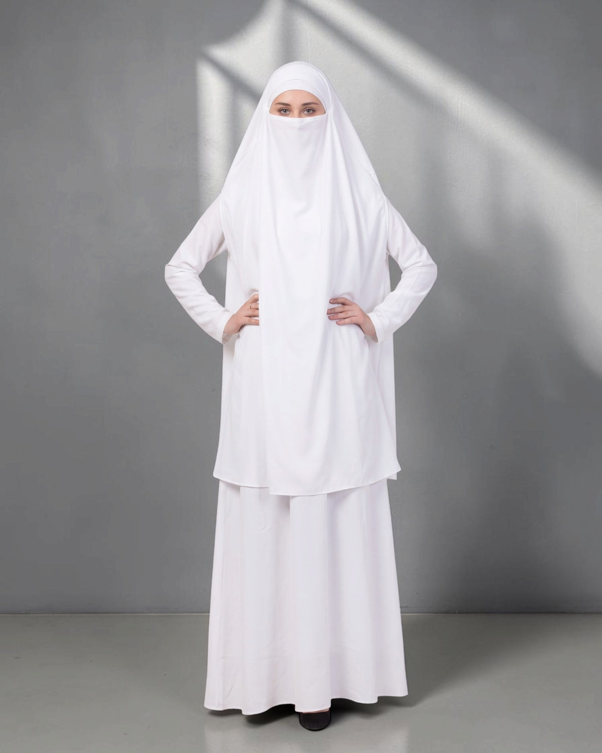 White Jilbab Duo with Convertible Sleeved Khimar For Haj Or Umrah