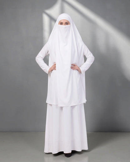 White Jilbab Duo with Convertible Sleeved Khimar For Haj Or Umrah