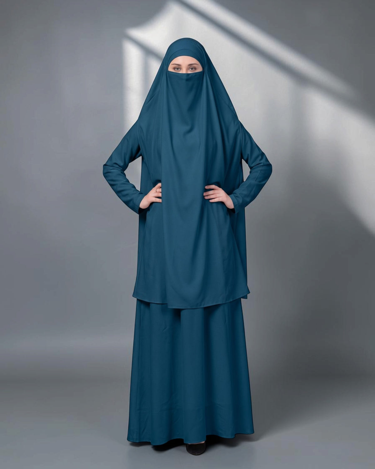 Two-Piece Jilbab Set with Sleeved Khimar & A-Line Abaya