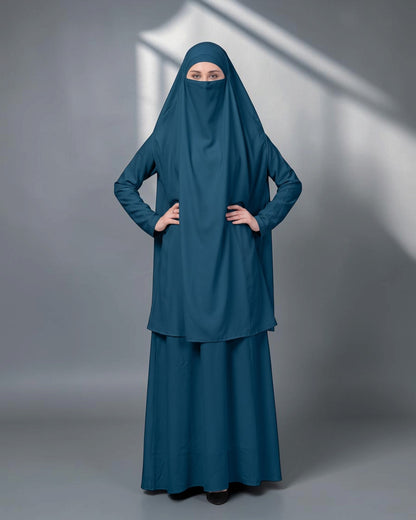Two-Piece Jilbab Set with Sleeved Khimar & A-Line Abaya