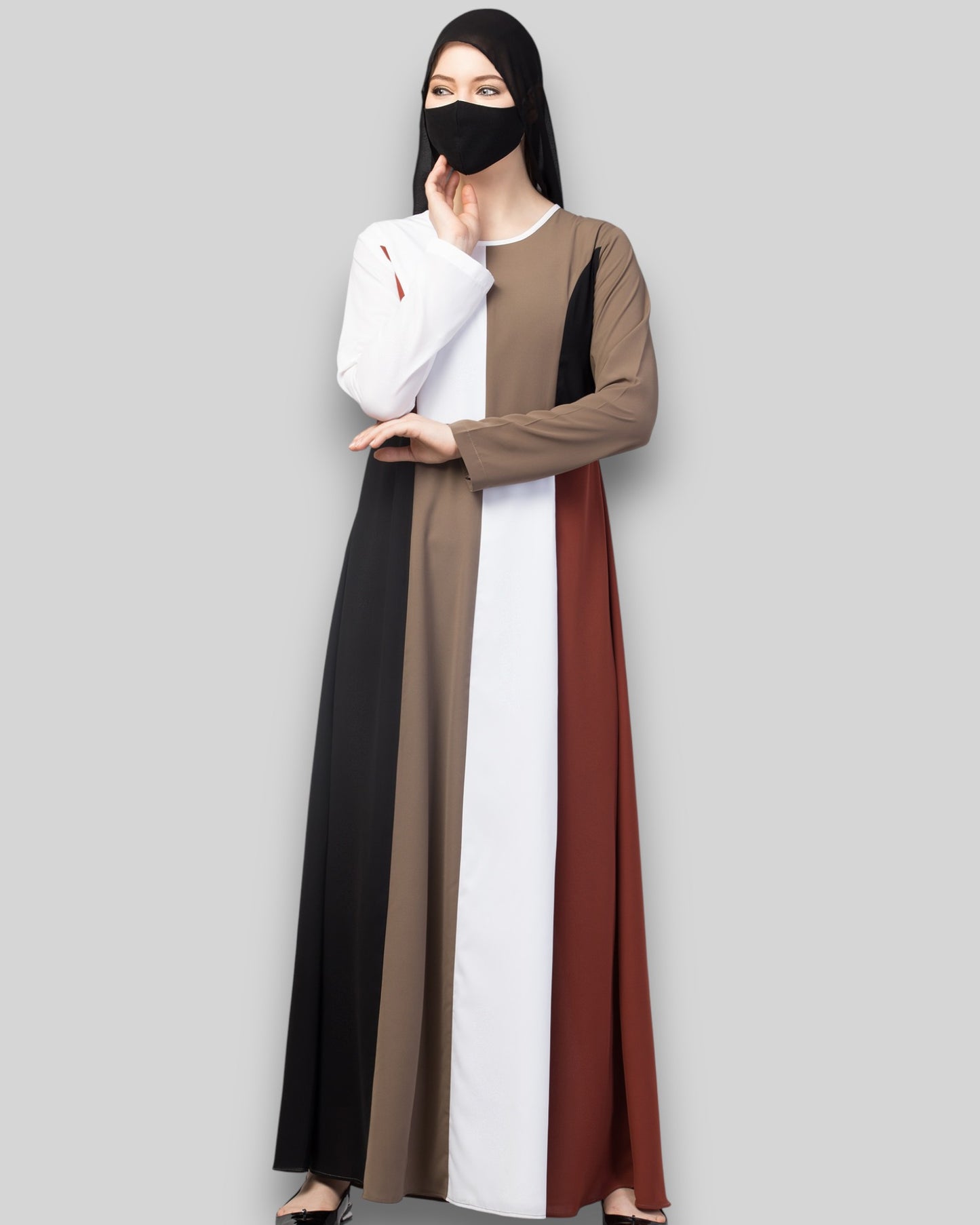 Color blocked Abaya – Four-Tone Contemporary Dress with Hijab